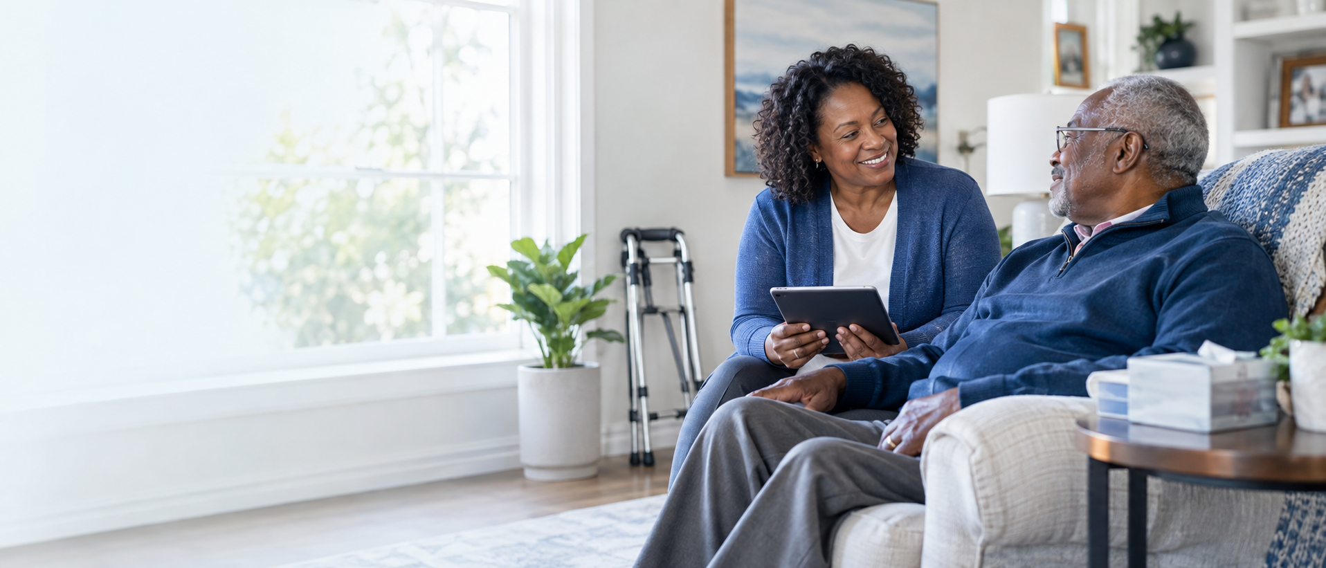 A medical supply specialist speaking with a patient at home